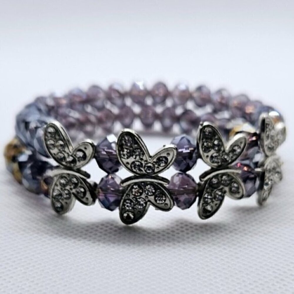 Purple Crystal Butterfly Stretch Bracelet Silver Tone Rhinestone Beaded Jewelry